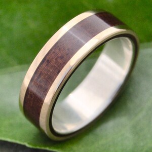 Yellow Gold Wood Ring Lados Nacascolo ecofriendly wood wedding band, 14k yellow gold exterior with sterling interior image 2