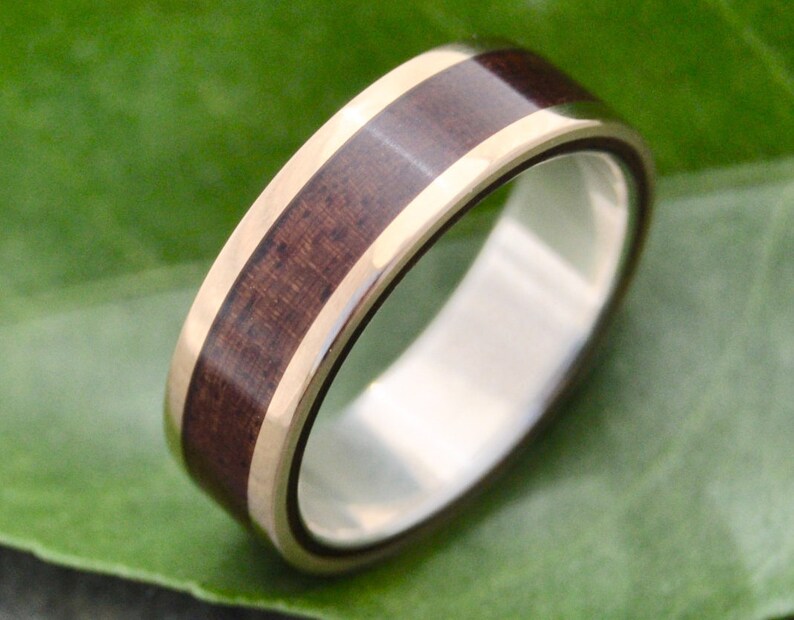 Yellow Gold Wood Ring Lados Nacascolo ecofriendly wood wedding band, 14k yellow gold exterior with sterling interior image 2