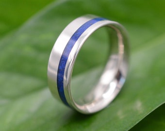 Equinox White Gold and Lapis Lazuli Stone Ring, Comfort Fit Gold Ring, Blue Stone Wedding Ring, Mens Wedding Band, Eco-friendly Wedding Ring