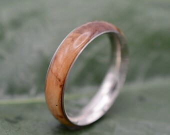 Siempre Maple White Gold Wood Wedding Band, 14k Solid White Gold Wood Ring, Maple Wood Ring, Maple Wedding Ring