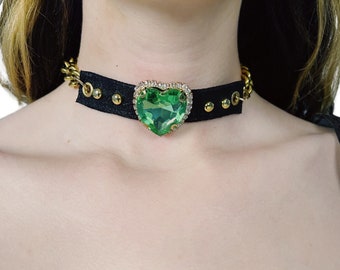 Lilith Chartreuse Heart Crystal and Gold Punk Leather Choker