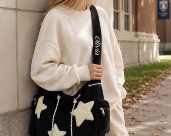 Embroidered Corduroy Daily Shoulder Bag, Personalized Crossbody Bags for Women, Large Capacity School Bag with Name, Tote Bag Aesthetic