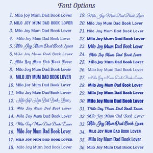 May include: A light blue graphic displays 36 font options for the text "Milo Joy Mum Dad Book Lover." The fonts vary in style, from bold sans-serif to elegant script, showcasing a range of design choices for personalized projects.