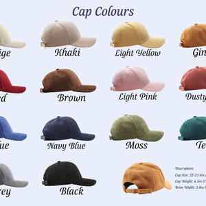 May include: A collection of corduroy baseball caps in various colors, including beige, khaki, light yellow, ginger, red, brown, light pink, dusty pink, blue, navy blue, moss, grey, black, and teal. The image also includes the cap size, height, and brim width.