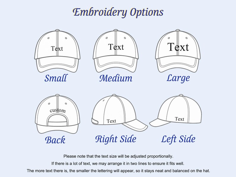 May include: Diagram of baseball caps with embroidery options. The image shows six different views of the cap: front, back, and sides, with text labels indicating placement and size options. Text on the caps reads "Text" and "custom".