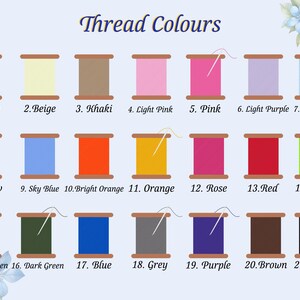 May include: An image displaying a color chart of thread spools with the title "Thread Colours". Each spool is labeled with a number and color name, including White, Beige, Khaki, Pink, and more. A needle is shown in some spools.