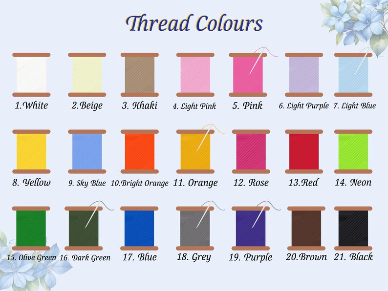 May include: An image displaying a color chart of thread spools with the title "Thread Colours". Each spool is labeled with a number and color name, including White, Beige, Khaki, Pink, and more. A needle is shown in some spools.