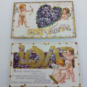 2 cartes postales vintage de la Saint-Valentin, série B.B London imprimées en Allemagne - Cupidon fleurs violettes