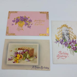 3 cartes postales d'anniversaire vintage Flower Design One Post Marked 1914