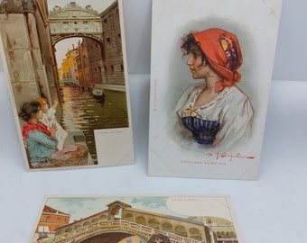 3 Vintage Postcards Popolana Veneziana, Ponta Dei Sogpiri & Ponte Di Rialto, Venice