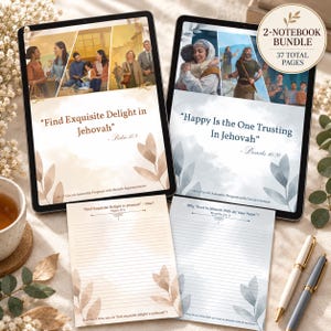 May include: A 2-notebook bundle featuring 37 total pages. The covers display religious illustrations and text including Find Exquisite Delight in Jehovah and Happy Is the One Trusting In Jehovah. Two lined note sheets with matching botanical motifs are included.