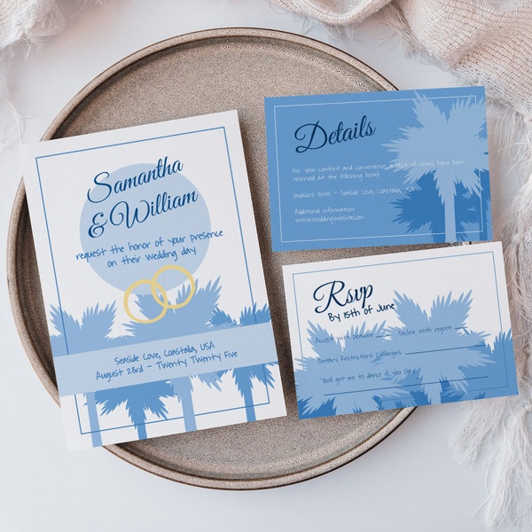 Beach Sunset Wedding Invitation Suite, Blue Boho Wedding Invite Template Set, Instant Download, Edit with TEMPLETT, Printable Template