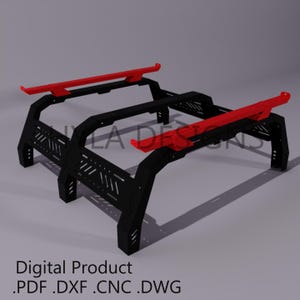May include: A black metal truck bed rack with two red metal bars. Digital Product .PDF .DXF .CNC .DWG