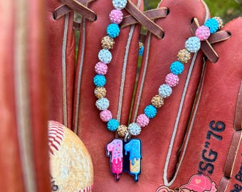 Custom Player Number Necklace| Youth Athlete Bling Drip | Baseball/Softball Beaded Necklace| Ice Cream Drip Number Charm