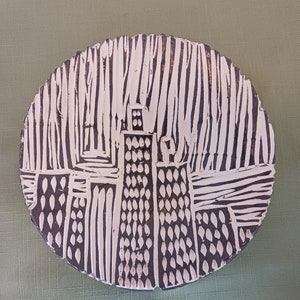 Handmade Carved Ceramic Plate With Cityscape - Sgraffito