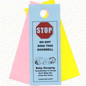 Grandmother in Charge, Don&#39;t Make Her Come Out There. Baby Sleeping Do Not Disturb signs