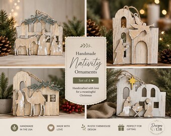 Handmade Layered Wood Nativity Ornaments Set | Rustic Farmhouse Christmas Decor