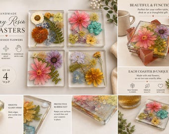 Set of 4 Handmade Pressed Flower Resin Coasters | Botanical Floral Decor
