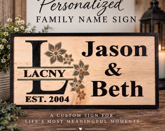 Personalized Family Name Sign | Custom Carved Wood, Floral Details (12x24)