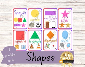 SHAPES- 8 printable flash cards with shape names, shapes and relating pictures