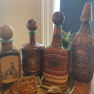 Vintage Leather Bound Decanters, Bottles Made in Italy Barware