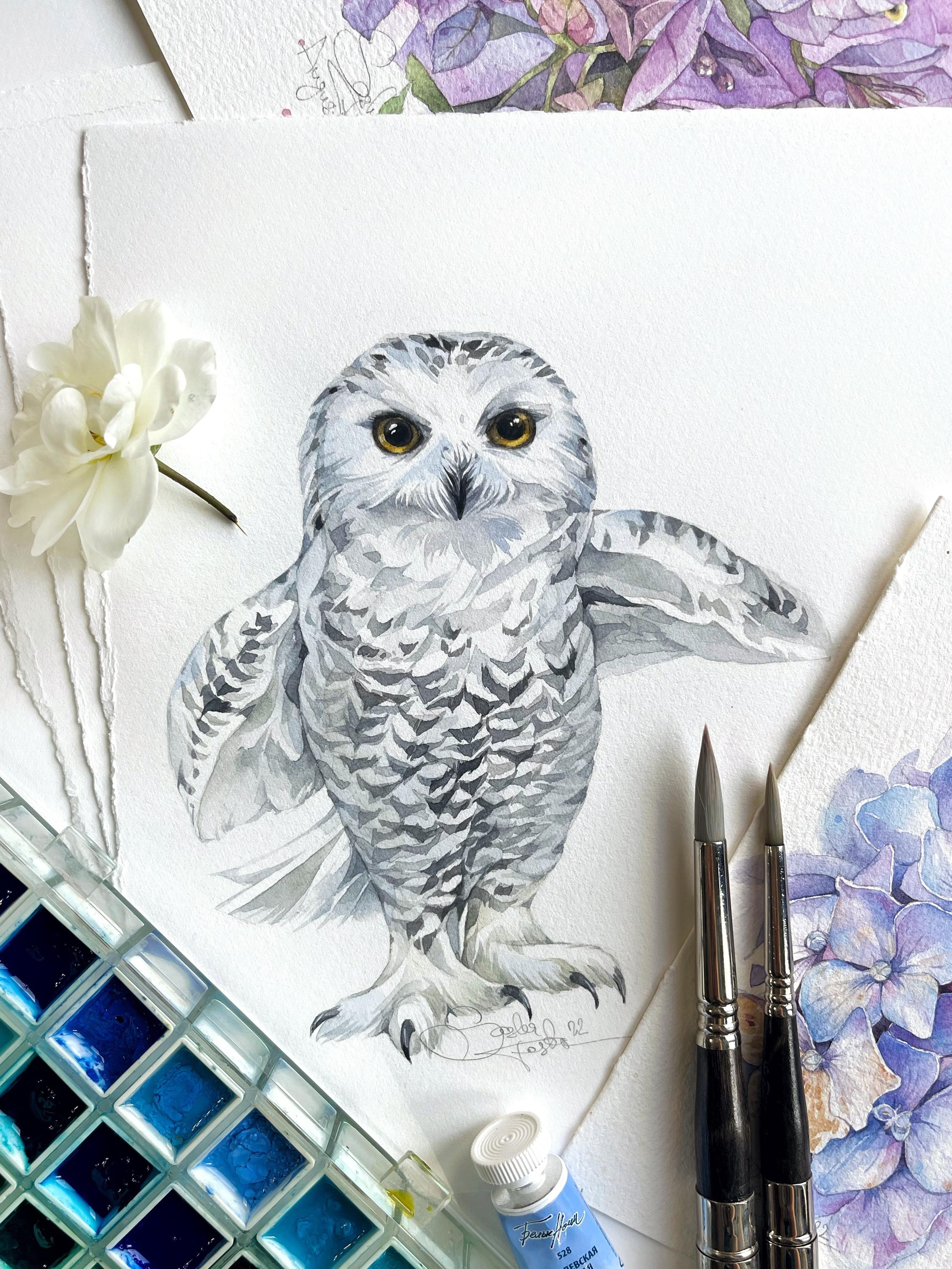 Original Watercolor Painting – Baby Snowy Owl 6x8 Animal Art, Unique Small Wall Art for Nurser