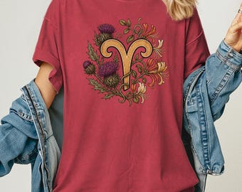 Aries Zodiac Flower Shirt Comfort Colors® | March April Birthday Gift for Her | Fire Sign Tee | Botanical Astrology Floral Top