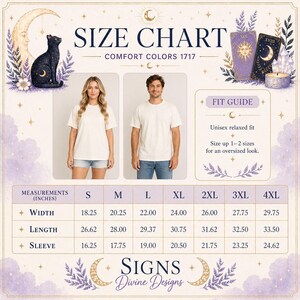May include: Size chart for Comfort Colors 1717 t-shirts. The chart includes measurements in inches for width, length, and sleeve for sizes S through 4XL. The image also features a fit guide and the text "Signs Divine Designs."