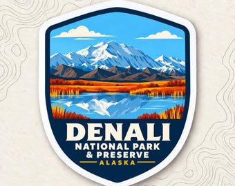 Denali National Park Fridge Magnet, Reflection Pond Mountain Shield, Alaska Travel Souvenir
