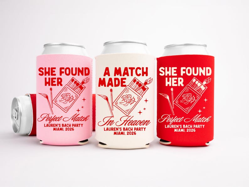 Match Made In Heaven Bachelorette Can Cooler, Personalized She Found Her Perfect Match Can Sleeves, Custom Bachelorette Party Favor Gifts image 1