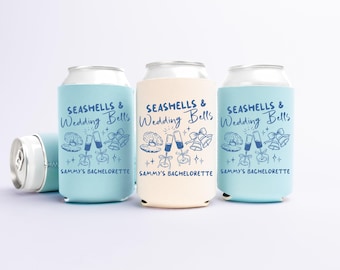 Seashells and Wedding Bells Can Coolers, Personalized Bachelorette Can Sleeves, Custom Beach Coastal Bachelorette Party Favors, Can Holder