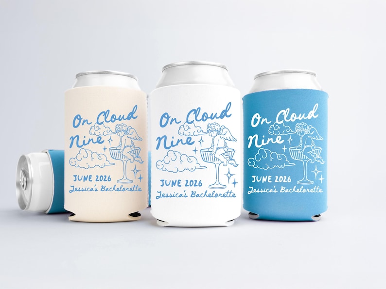 On Cloud 9 Bachelorette Can Coolers, On Cloud Nine Can Sleeves, Custom She's On Cloud Nine Bachelorette Party Favors, Can Holders image 1
