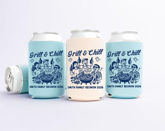 Grill & Chill Family Reunion Can Cooler - Custom BBQ Party Favors - Personalized Cozies in Regular and Slim Size