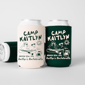Camp Bachelorette Can Coolers, Personalized Lake Club Bachelorette Drink Can Sleeves, Camping Bachelorette Party Favors, Girls Weekend Trip zdjęcie 1