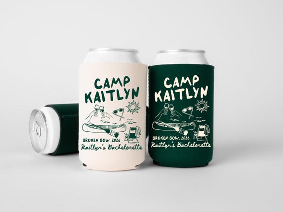 Camp Bachelorette Can Coolers, Personalized Lake Club Bachelorette Drink Can Sleeves, Camping Bachelorette Party Favors, Girls Weekend Trip