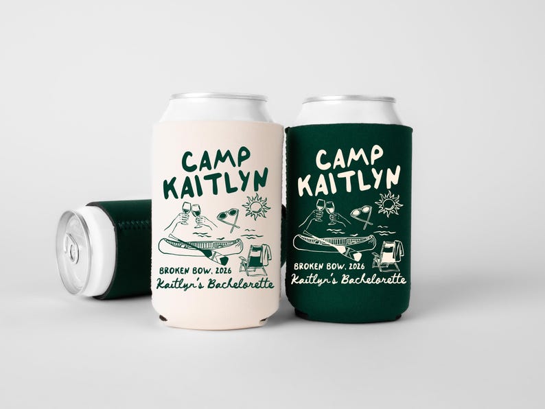 Camp Bachelorette Can Coolers, Personalized Lake Club Bachelorette Drink Can Sleeves, Camping Bachelorette Party Favors, Girls Weekend Trip zdjęcie 1