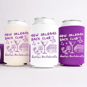 New Orleans Bachelorette Can Coolers, Nola Personalized Can Sleeves, Custom Bachelorette Party Favors, Mardi Gras Can Holder image 1