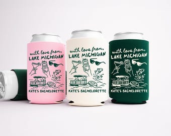 With Love From Lake Michigan Bachelorette Can Coolers - Custom Camp Bachelorette Party Favors - Personalized Cozies in Regular and Slim Size