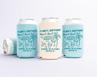 Forty Birthday Can Coolers, 30th, 40th, 50th Birthday Personalized Can Sleeves, Beach Coastal  Birthday Party Favors