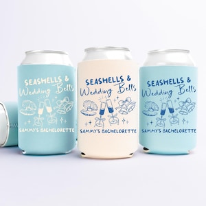 Seashells and Wedding Bells Can Coolers, Personalized Bachelorette Can Sleeves, Custom Beach Coastal Bachelorette Party Favors, Can Holder