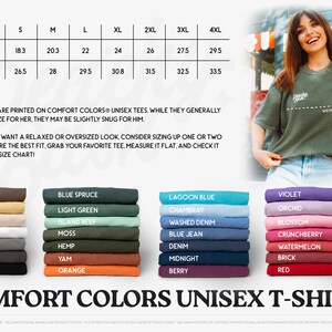 The image is a collage of various unisex t-shirt designs, including different colors and styles, along with a woman posing with a green t-shirt. The image also includes a size chart and a description of the designs.