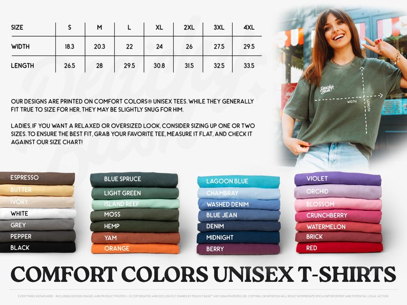 The image is a collage of various unisex t-shirt designs, including different colors and styles, along with a woman posing with a green t-shirt. The image also includes a size chart and a description of the designs.