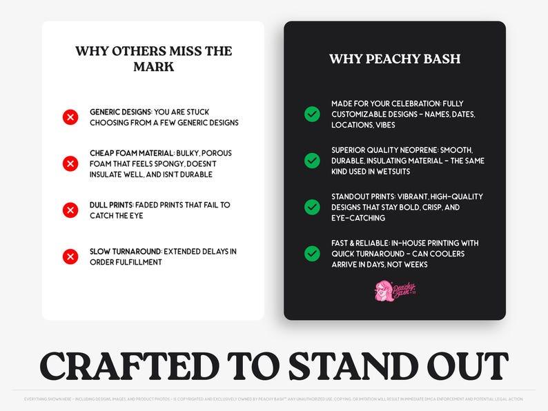 The image is a comparison of two different designs, one with a peach color scheme and the other with a black color scheme. The text highlights the differences between the two designs, such as the choice of materials, the quality of the foam, and the printing options. The image is not a full-length photo but rather a selection of images that are used to create a comparison.