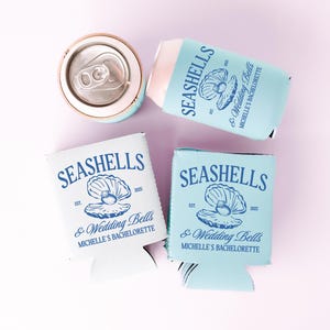 Seashells and Wedding Bells Can Coolers, Personalized Bachelorette Can Sleeves, Custom Social Club Bachelorette Party Favors, Can Holder