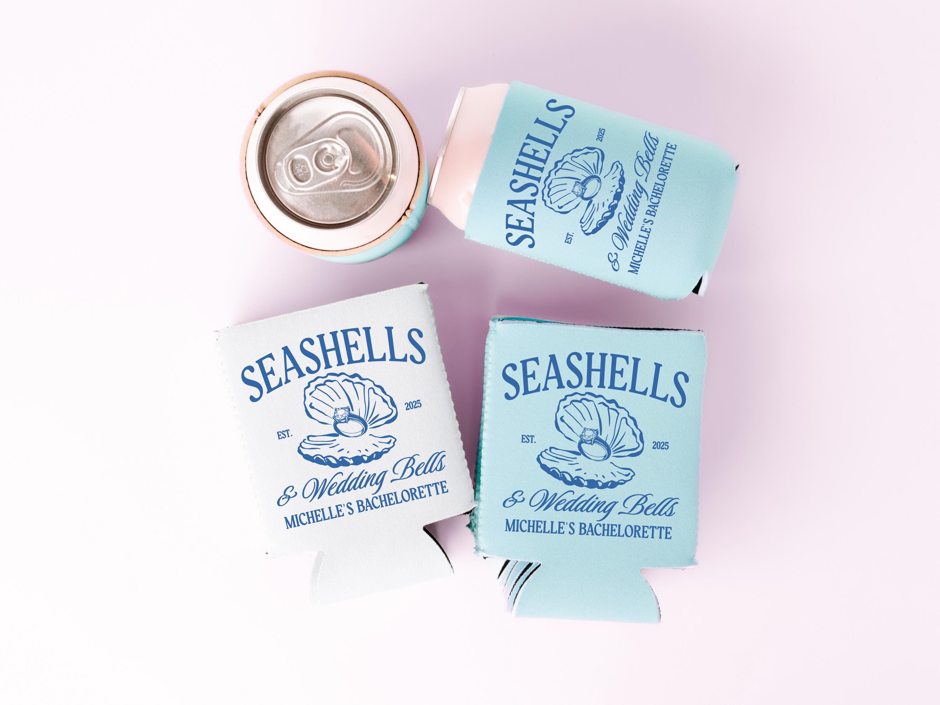 Seashells and Wedding Bells Can Coolers, Personalized Bachelorette Can Sleeves, Custom Social Club Bachelorette Party Favors, Can Holder