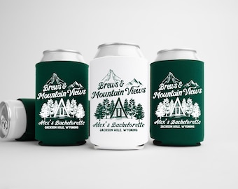 Brews and Mountain Views Bachelorette Can Coolers, Personalized Camp Lake Drink Can Sleeves, Camping Bachelorette Party Favors