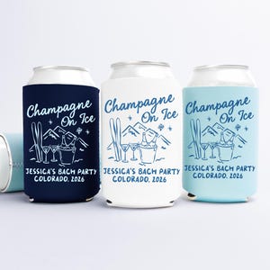 Champagne on Ice Can Cooler, Personalized Ski Mountain Bachelorette Can Sleeves, Winter Bachelorette Party Favors