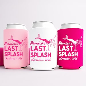 Fundas para latas de despedida de soltera Last Splash, fundas personalizadas para latas de bebidas de despedida de soltera con diseño de sirena, recuerdos para despedida de soltera en la playa, porta latas de despedida de soltera imagen 1