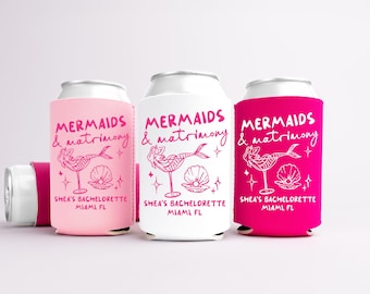 Mermaids and Matrimony Bachelorette Can Coolers, Personalized Can Sleeves, Custom Beach Coastal Bachelorette Party Favors
