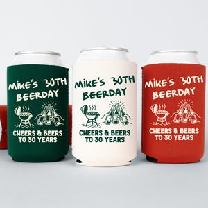 Funny 30th Birthday Can Coolers, Personalized Beer Grill Drink Can Sleeves, Camping Trip Party Favors